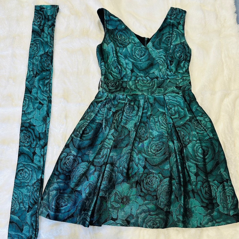 Darling Green Floral Jacquard Fit-and-Flare Cocktail Dress